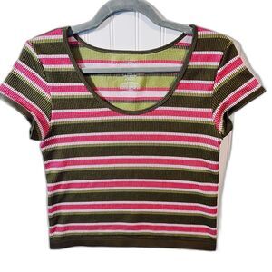 Almost Famous Short Sleeved Striped Ribbed Knit Women’s Top Green Pink Size L/XL